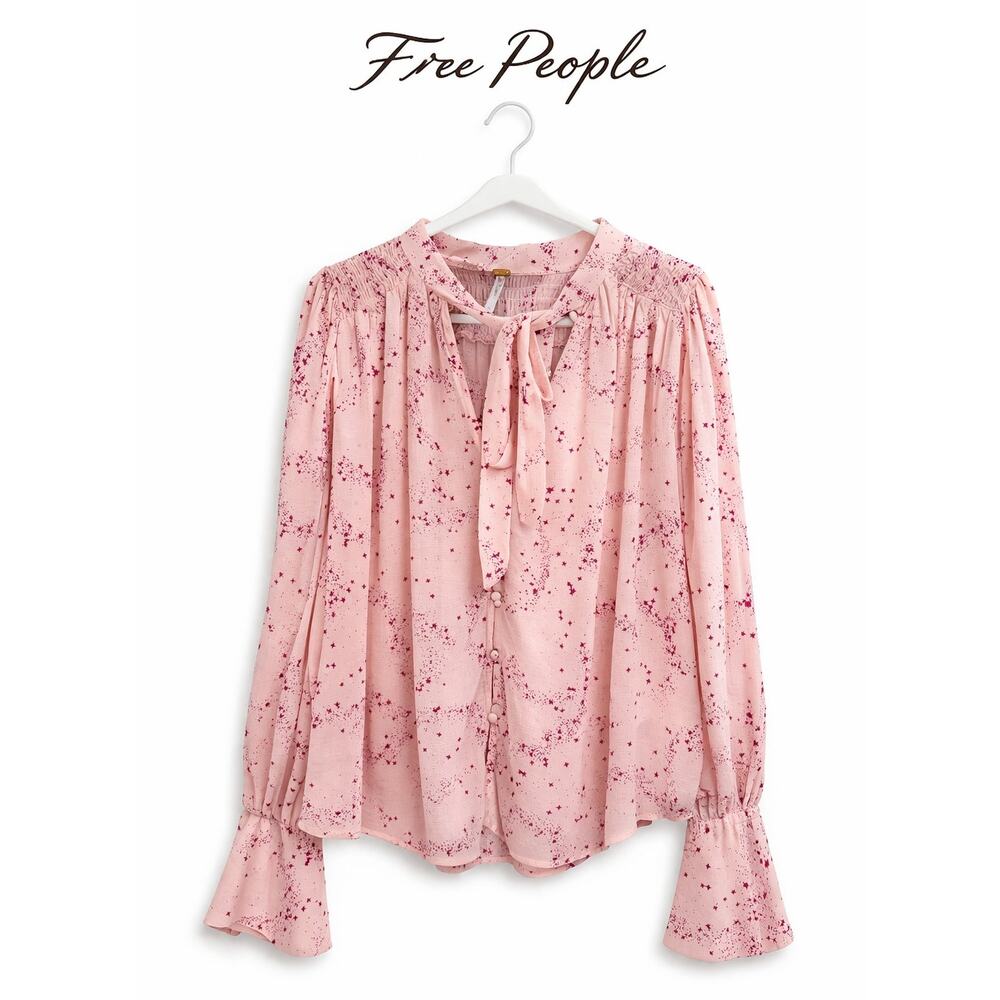Free People Pink Star Print Blouse Boho Romantic Celestial Tie Neck Top M